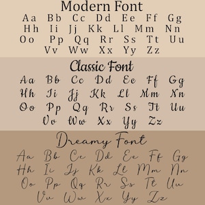 May include: A typography chart showcasing three different font styles: Modern, Classic, and Dreamy. Each font displays the alphabet in uppercase and lowercase letters. The background is a neutral beige color.