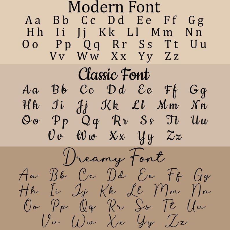 May include: A typography chart showcasing three different font styles: Modern, Classic, and Dreamy. Each font displays the alphabet in uppercase and lowercase letters. The background is a neutral beige color.