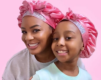 Matching Satin Double-Lined Bedazzled Silk Satin Bonnets | Bow Tie Bonnets | Great Gift | Matching Bonnets | Mommy and Me