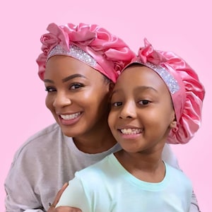 Matching Satin Double-Layered Bedazzled Silk Satin Bonnets | Bow Tie Bonnets | Matching Kid Bonnets | Mommy and Me