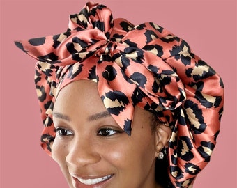Luxurious Large Double Layered Silk/Satin Blend Bonnet |  Cheetah Print Bow-Tie Satin Lined Bonnet | Premium Buttery Silky Satin
