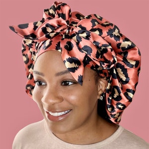 Luxurious Large Double Satin Lined Bonnet |  Cheetah Print  Bow-Tie Satin Lined Bonnet | Premium Buttery Silky Satin | Perfect Gift