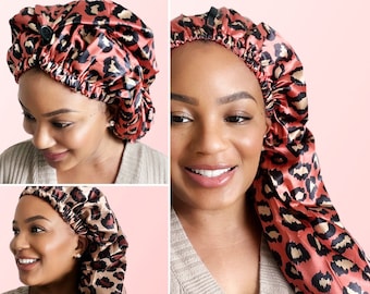 Bonnet luxueux extra long doublé de satin | Bonnet à boutons sur le dessus à imprimé guépard | Beurre satiné soyeux | Locs, tresses, cheveux longs | Cadeau