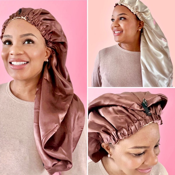 Neutral Reversible Extra Long Double Satin Lined Bonnet | Neutral Top Button Bonnet | Durable Silky Satin | Locs, Braids, Long Hair | Gift