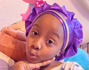 Kids Satin Bonnet for Sleeping | Gold Trim Child Bonnet | Secure Fit Sleep Cap for Natural Hair | Protective Hair Bonnet for Girls