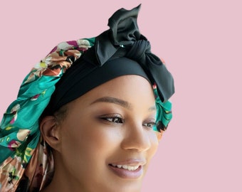 Bonnet rafraîchissant léger en satin à doublure simple | Bonnet en satin extensible à nouer avec bande élastique | Grand bonnet extensible luxueux | Ajustement sécurisé