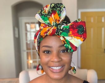 Ankara African Cotton Wax Print Fabric Adult and Child Sizes Matching Headwrap Headwear Turban. Adult and Child Size Options