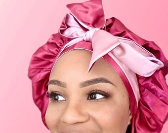 Reversible | Double-Sided  Satin Lined Bonnet | Colorful Bow-Tie Satin Lined Elastic Band | Bow-Tie and Stretch Bonnet | Secured Fit |