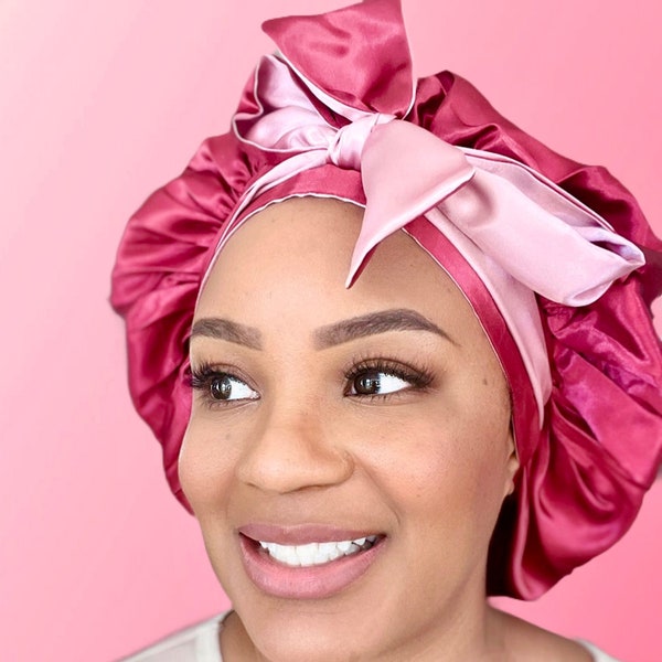 Reversible | Double-Sided  Satin Lined Bonnet | Colorful Bow-Tie Satin Lined Elastic Band | Bow-Tie and Stretch Bonnet | Secured Fit |