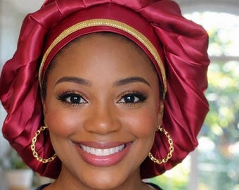 Single-Lined Satin Fitted Bonnet with Gold Trim | Lightweight Secure-Fit Hair Bonnet | Smooth Hair Protection for Sleep & Daily Wear