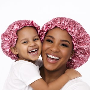 Mommy & Me Pink Sequin Satin Bonnet Set: Double Layered Sleeping Cap