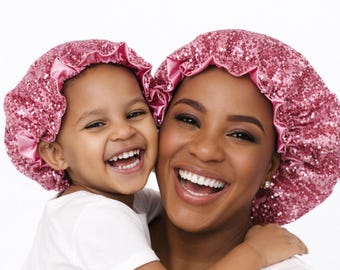 Mommy & Me Pink Sequin Satin Bonnet Set: Double Layered Sleeping Cap