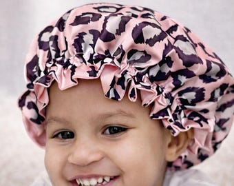 Child Soft Satin Bonnet: Reversible, Leopard Print, Buttery Soft Satin/Silk | Safe Stretch Band