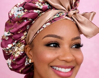 Satin Bonnet for Sleeping | Reversible Floral Satin Bonnet | Adjustable Bow Tie Bonnet | Double Lined Sleep Bonnet | Protective Hair Bonnet