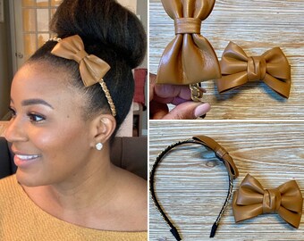 Coffee and Off-White Colored, Faux Leather Bow, Matching Faux Leather Headband w/ Leather Bow Clip Set, Parent and Child Matching Faux Bow