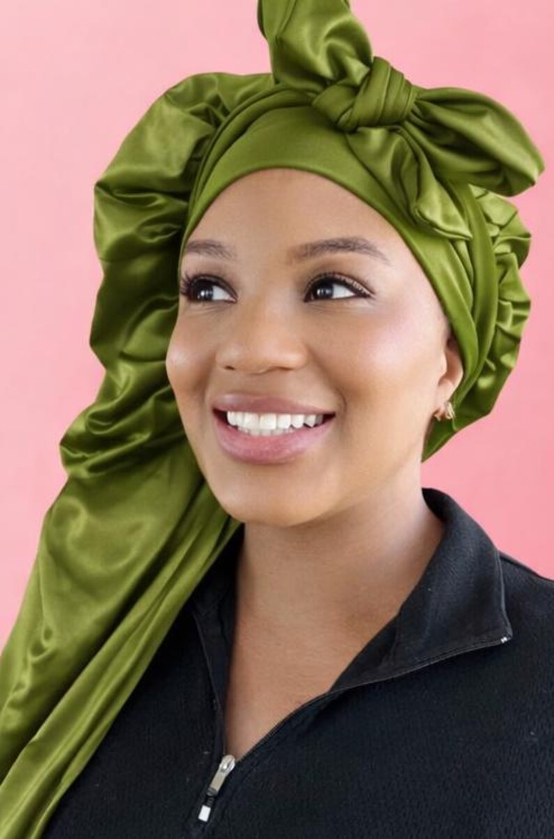 Gorro de satén extralargo de doble capa, con lazo ajustable reversible, ajuste seguro para cabello largo, trenzas, rastas y extensiones. Olive Green Long