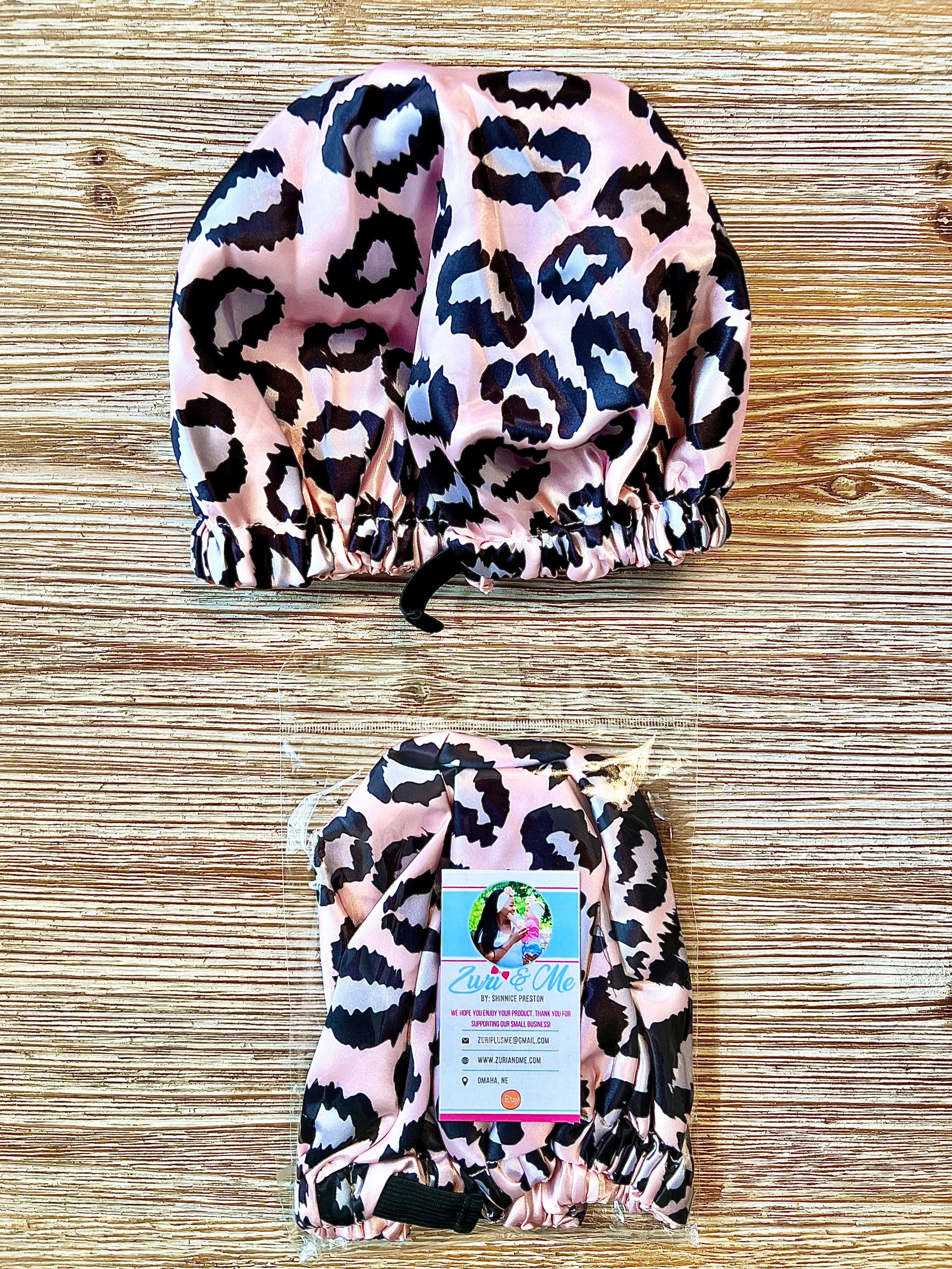 LOVENCOLOR.COM HANDMADE PINK AND BLACK LEOPARD ANIMAL PRINT HAIR BONNET Leopard Pink Double Layer Satin Bonnet – Azalea main image 4