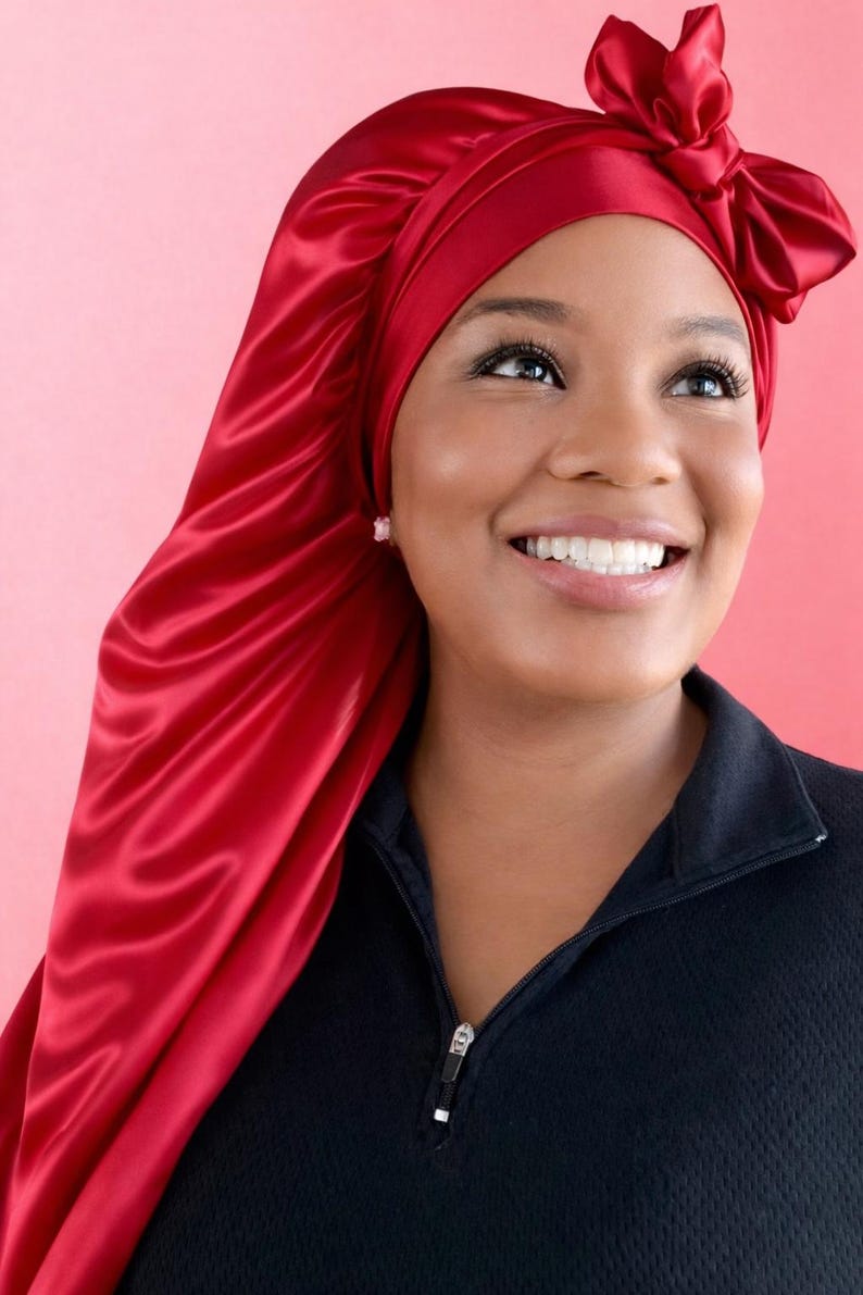 Gorro de satén extralargo de doble capa, con lazo ajustable reversible, ajuste seguro para cabello largo, trenzas, rastas y extensiones. Cranberry Long