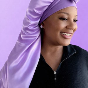 Gorro de satén extralargo de doble capa, con lazo ajustable reversible, ajuste seguro para cabello largo, trenzas, rastas y extensiones. Lavender Long