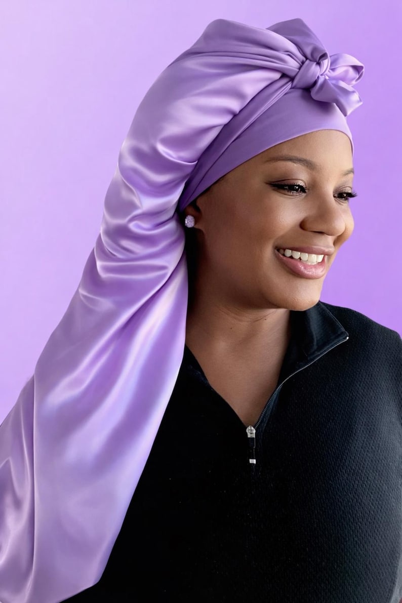 Gorro de satén extralargo de doble capa, con lazo ajustable reversible, ajuste seguro para cabello largo, trenzas, rastas y extensiones. Lavender Long