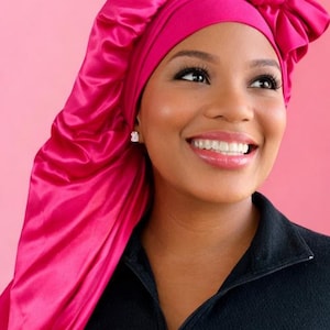 Gorro de satén extralargo de doble capa, con lazo ajustable reversible, ajuste seguro para cabello largo, trenzas, rastas y extensiones. Barbie Pink Long