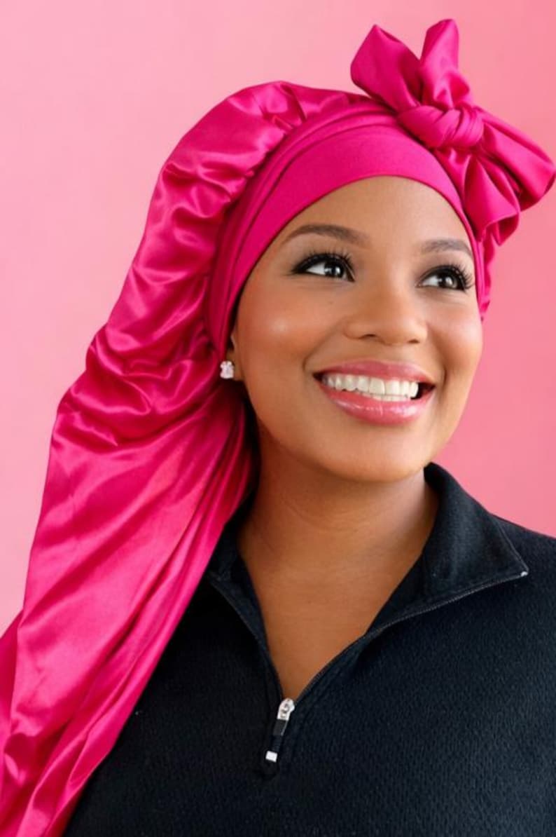 Gorro de satén extralargo de doble capa, con lazo ajustable reversible, ajuste seguro para cabello largo, trenzas, rastas y extensiones. Barbie Pink Long