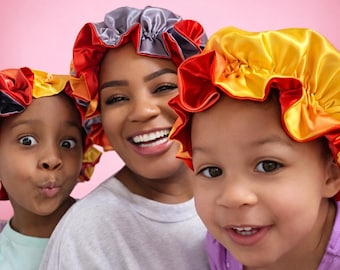 Matching Mommy and Me Satin Bonnet Set, Reversible Double-Lined Bonnets for Curly Hair and Protective Styles, Gift for Mom and Daughter