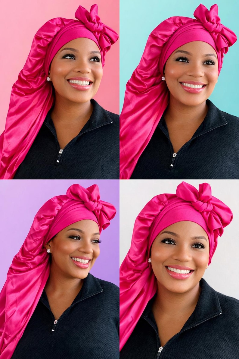 Gorro de satén extralargo de doble capa, con lazo ajustable reversible, ajuste seguro para cabello largo, trenzas, rastas y extensiones. imagen 11
