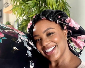 Floral Matching Adjustable Bonnet & King-Size Satin Pillowcase Set