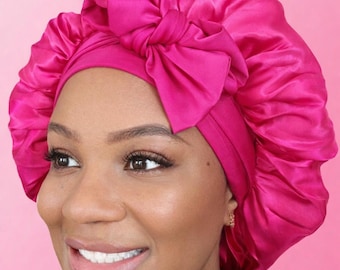 Double-Layer Reversible Satin Bonnet with Silky Stretch Band | Adjustable Bow-Tie Sleep Bonnet for Natural Hair & Protective Styles