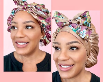 Reversible Floral Lightweight Satin Double Lined Bonnet | Reversible Bow-Tie Satin Elastic Band | Soft Tie and Stretch Bonnet | Secured Fit