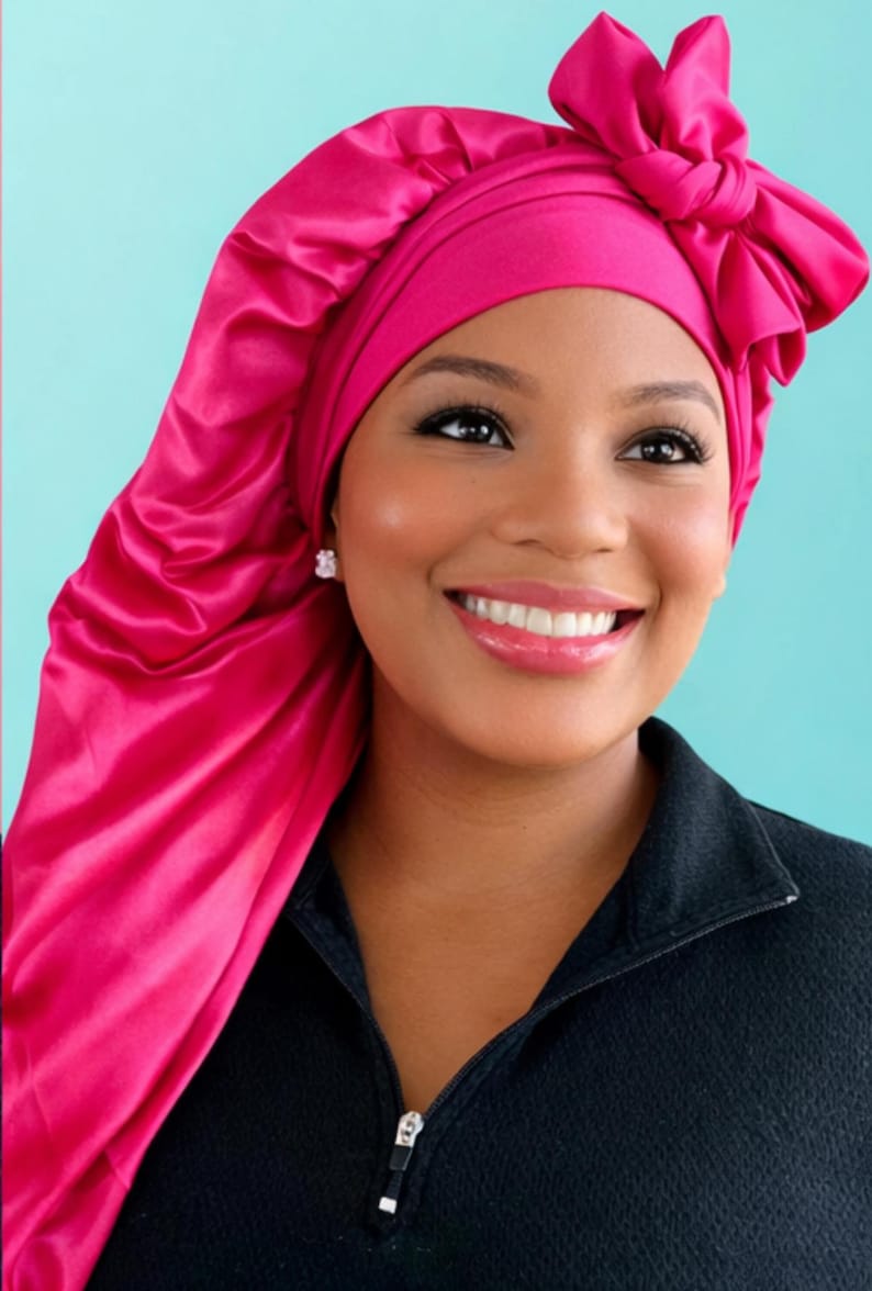 Gorro de satén extralargo de doble capa, con lazo ajustable reversible, ajuste seguro para cabello largo, trenzas, rastas y extensiones. imagen 9