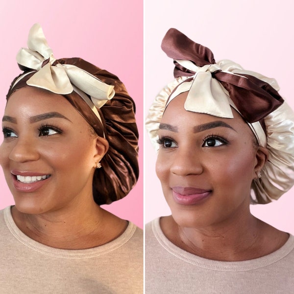 Neutral Reversible | Double-Sided Lux Satin Lined Bonnet | Bow-Tie | Elastic Band Bonnet |  Stretch Bonnet | Secured Fit | Night Cap