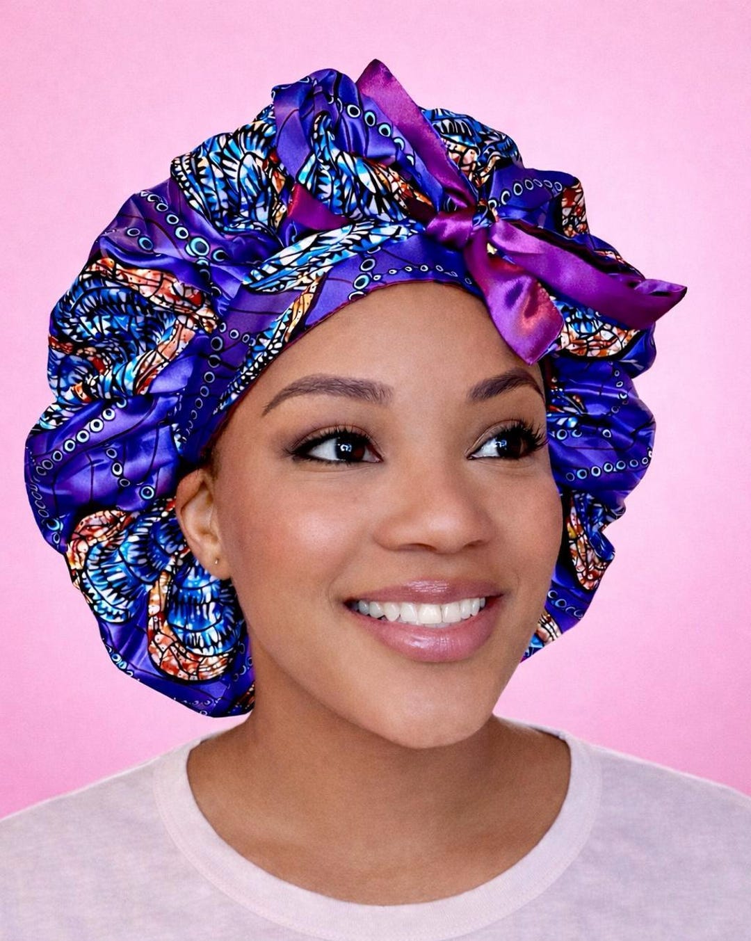 Beautiful Comfortable 2 PC Satin Bonnet With Versitile Bow Luxurious Double-lined Satin Bonnet | Bow-tie & Elastic Band  main image 4