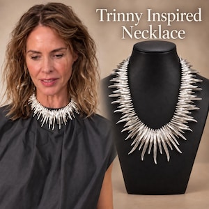 Pode incluir: Um colar statement de tom prateado com uma série de pontas alongadas dispostas num padrão radial. O texto 'Trinny Inspired Necklace' é exibido no canto superior direito da imagem, contra um fundo de cor neutra.