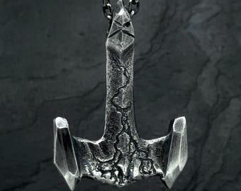 Hand Carved Sterling Silver Mjolnir Pendant, Thor Hammer Necklace
