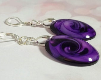 Big purple earrings, solid silver dangle drop earrings, unique purple earrings, oval earrings