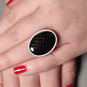 Glossy black oval womens silver ring Gothic ring Mermaid ring Dragon ring Chunky ring Black ring Black jewellery Adjustable ring