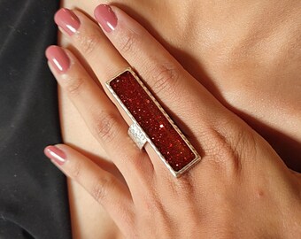 Red Glitter Statement Ring: Chunky Adjustable 925 Silver Dipped