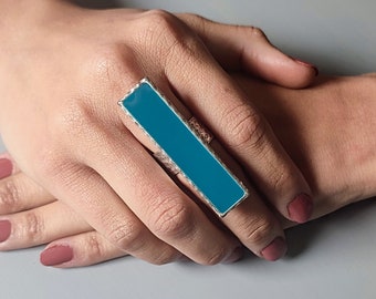 Long rectangular teal blue antique silver statement ring Petrol blue ring Big bold ring Unusual statement ring Large stone ring Chunky ring