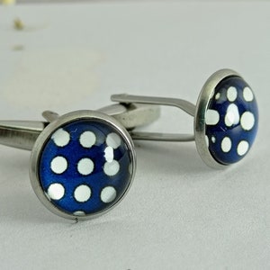 Blue and white spotted cuff links, Silver Cuff links, Cuff links for Groom Best Man, Wedding cuff links