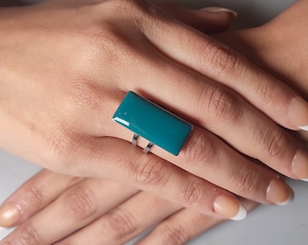Teal Blue Resin Ring: Adjustable Silver Statement Ring