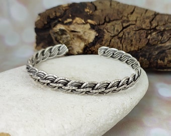 Hammered Silver Bangle Bracelet: Adjustable Braided Cuff, Boho Hippie Style