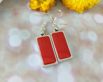 Red Resin Dangle Earrings: Antique Silver Plated, 925 Silver Ear Wire