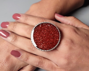 Oversized Red Glitter Ring: Adjustable Silver Plated Statement Ring