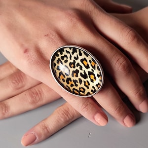 Oversized Leopard Print Oval Glass Ring, Adjustable Statement Ring, Unique Statement Jewellery, Trendy Gift