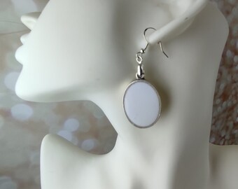 White Silver Statement Earrings, Oval White Dangle Earrings, Long White Earrings, White Stone Earrings, White Resin Oval Cabochon Earrings