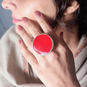 Red Resin Silver Cabochon Ring Circular, Full Flat Round Chunky Resin Ring, Red Cocktail Dress Fashion Ring Handcrafted Statement Ring