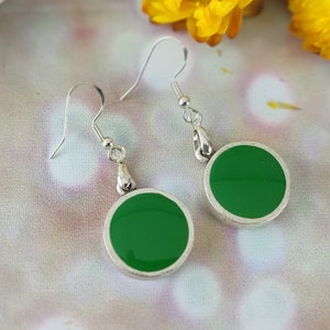 Bright Green Resin Earrings: Silver Plated Circle Dangles