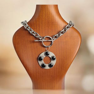 Black Stone Pendant Necklace: Chunky Silver Chain Statement Jewelry